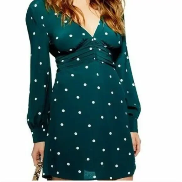 TopShop Polka Dot Rusched Mini Dress | Sz 10, Green & White | NWT $75 - Picture 3 of 12